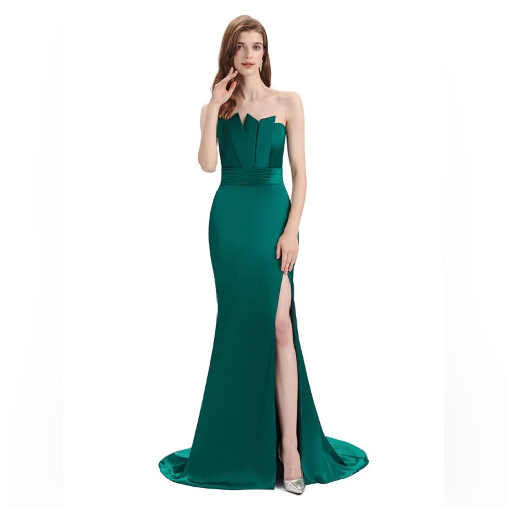 Elegant Soft Satin Strapless Split Side Floor-Length Mermaid Dress in Dark Green